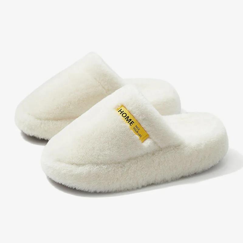 Fashion Thick Bottom Faux Fur Slippers Women New Indoor Plush Winter Couple Slides Woman Closed Toe Warm Non-Slip Cotton Padded Shoes