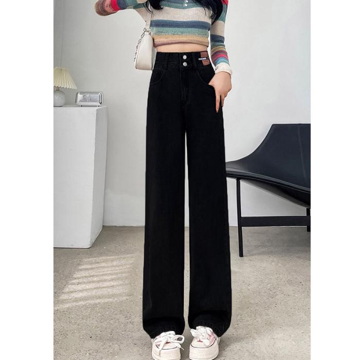Women's Black Wide-Leg Jeans: 2025 Spring/Autumn High-Waisted Slimming Loose Floor-Length Pants