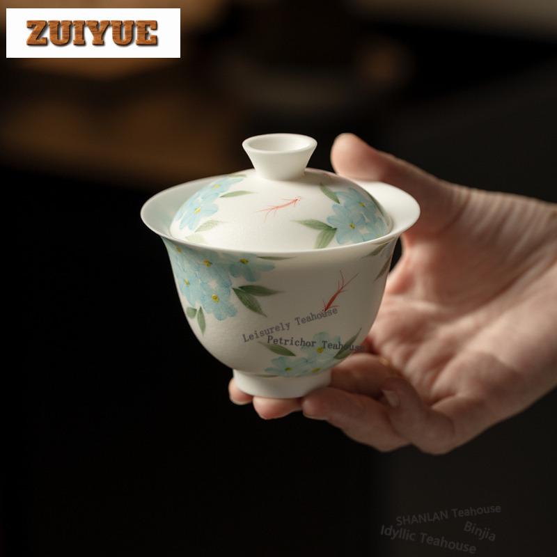 130ml Handbemalte Blaue Blumen Gaiwan Vintage Teekanne Haushalts Teeschale Mit Deckel Set Teekocher Abdeckschale Cha Verzierungen