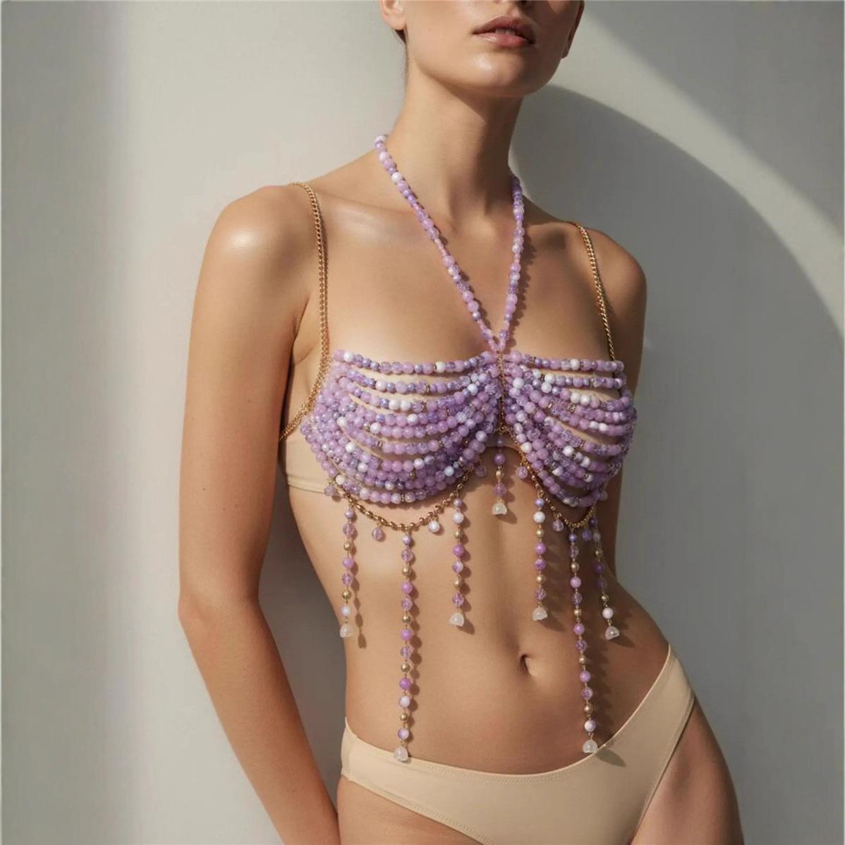 Purple Bead Tassel Halter Body Chain Top OneSize фиолетовый