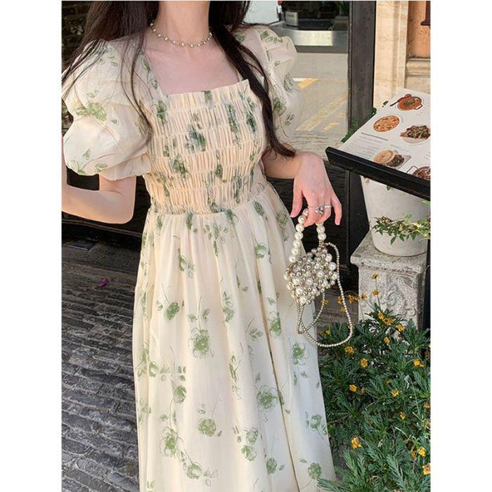 Platycodon style square collar floral dress summer popular women's clothing Mori temperament vacation super fairy princess dress