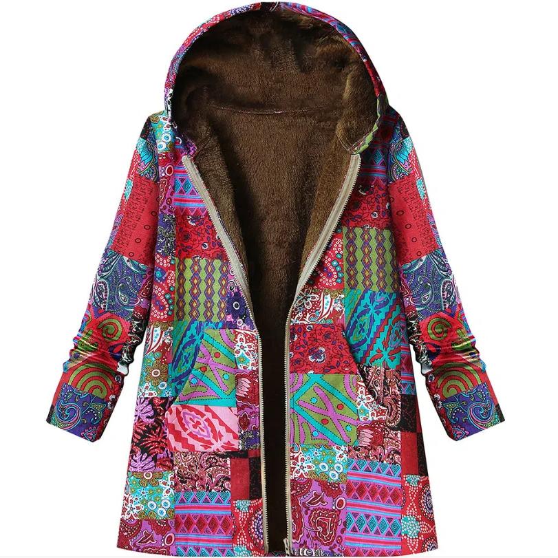 New Autumn Winter Women's Vintage Cotton Linen Coat, Thickened Zip-Up Hooded Jacket with Pockets and Floral Print