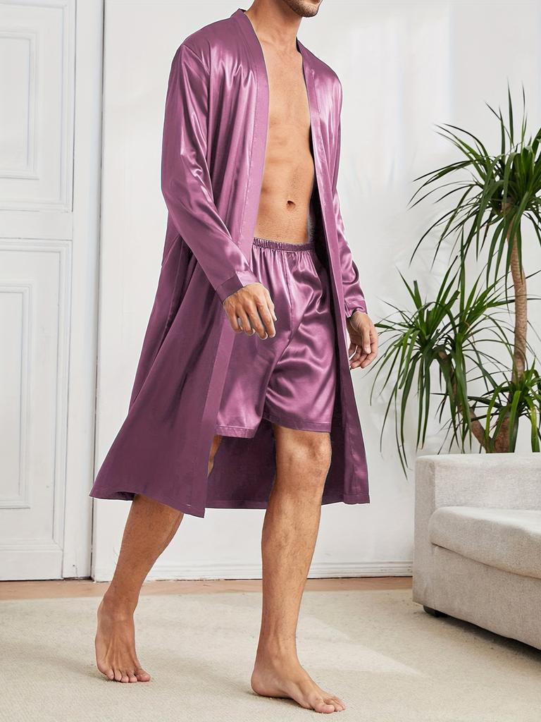 Herren Einfacher Stil Lässige Pyjama-Sets, Herren Bequemer Einfarbiger Morgenmantel, Eleganter Morgenmantel zum Schnüren & Lockere Shorts Hauspyjama-Sets