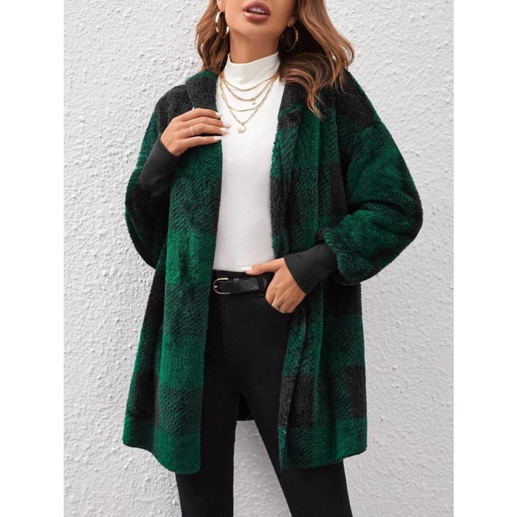 Damen Herbst- und Winter Kapuzen-Plaid Warmes Oberteil, Mittellange Plüsch-Cardigan-Jacke