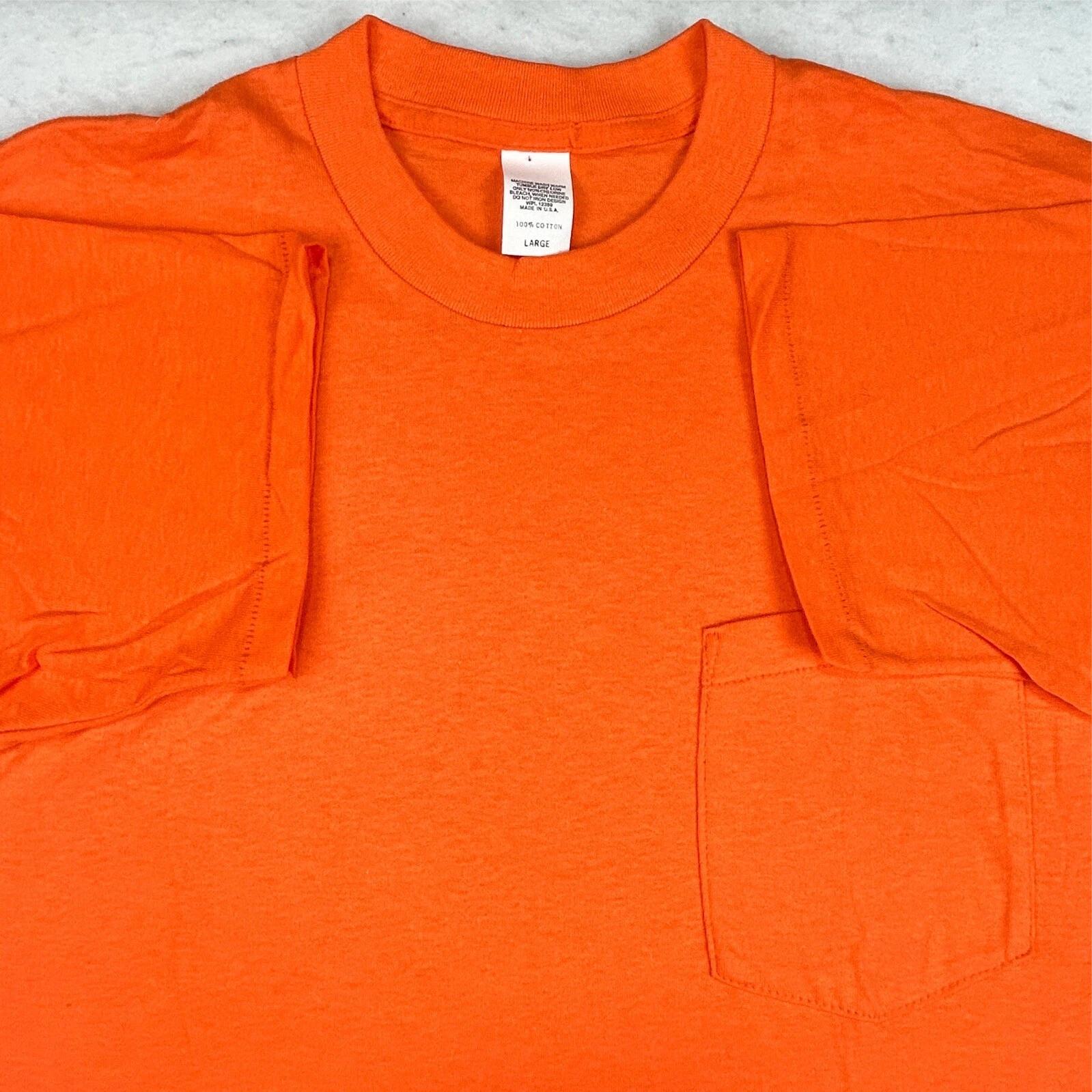 NOS vintage 80s BLANK ORANGE POCKET T-Shirt MEDIUM single stitch soft thin XL