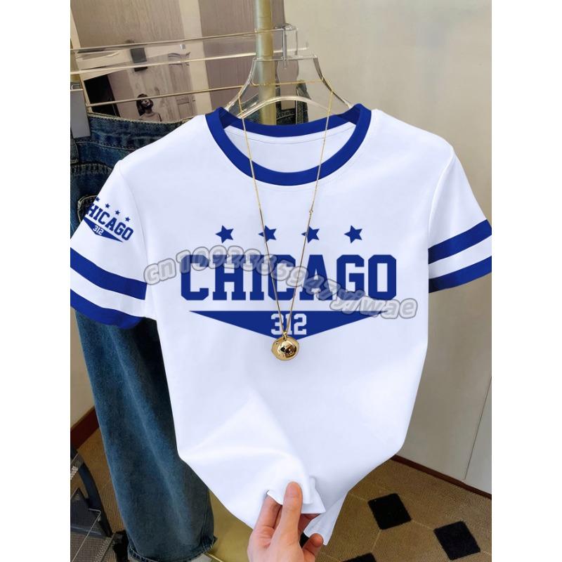 Womens Short Sleeve Color-Block CHICAGO NO.32 Print Y2k T Shirt Girl Round Neck Tee Outdoor Sports Adult Women's T-Shirt