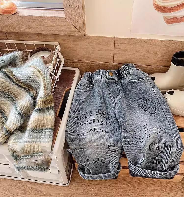 Spring Autumn Kid Boys Denim Pants Pocket Polished White Children Boy Pants Elastic Waist Casual Baby Trousers