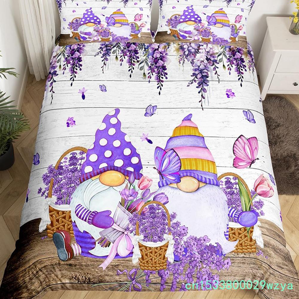 Purple Lavender Dwarf Duvet Cover King Queen Kawaii Cartoon Gnome Bedding Set Spring Flowers Comforter Cover Floral Quilt Cover