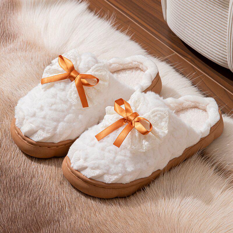 Women's Cozy Plush Bow Cotton Slippers - Anti-Slip, Warm, Cute Design for Autumn/Winter 2024