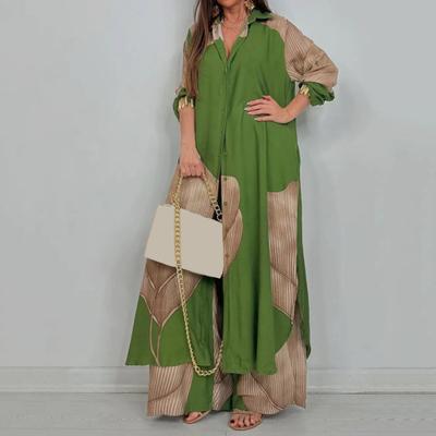 Women V-neck Patchwork Printed Top And Pants Suit Contrasting Color Commuting Set Wide-leg Trousers And Extra-length Top Loose Fit Outfit for Various