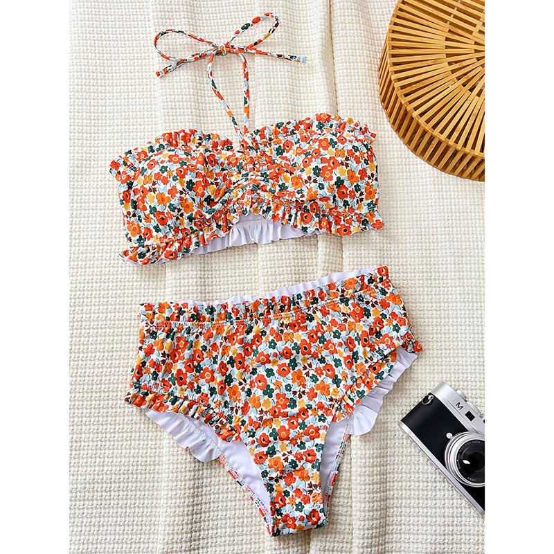 

Женский сексуальный купальник-бикини из двух частей с цветочным принтом и оборками, купальный костюм без бретелек, летняя пляжная мода L красный