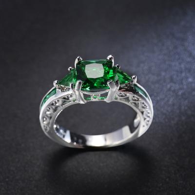 Anillos Huecos de Moda para Boda para Mujer Anillo Vintage con Piedra CZ Verde Bague Femme Color Plata Anillo de Compromiso Anillos