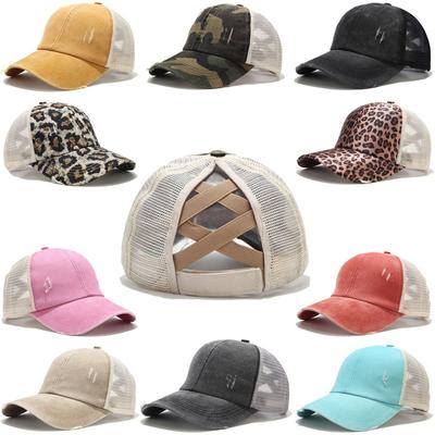 Women Ponytail High Messy Bun Hats Fashion Distressed Baseball Caps Unconstructed Washed Dad Hat Girls Trucker Pony Caps