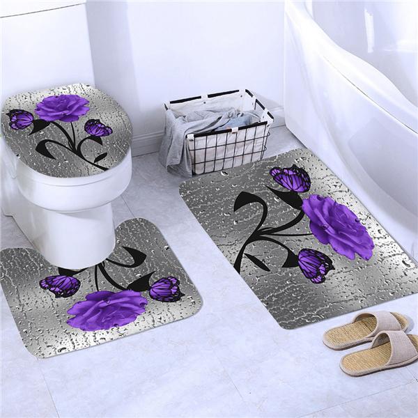 4PCS Flowers Rose Print 3D Shower Curtain Waterproof Polyester Bathroom Curtain Anti-slip Bath Mat Toilet Rugs Carpet Bath Sst Decor