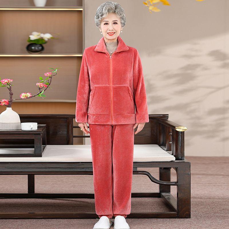 

Комплект пижамы из утолщенного флиса с плюшем можно носить на улице бабушка зима фланелевый топ брюки женский из двух частей L