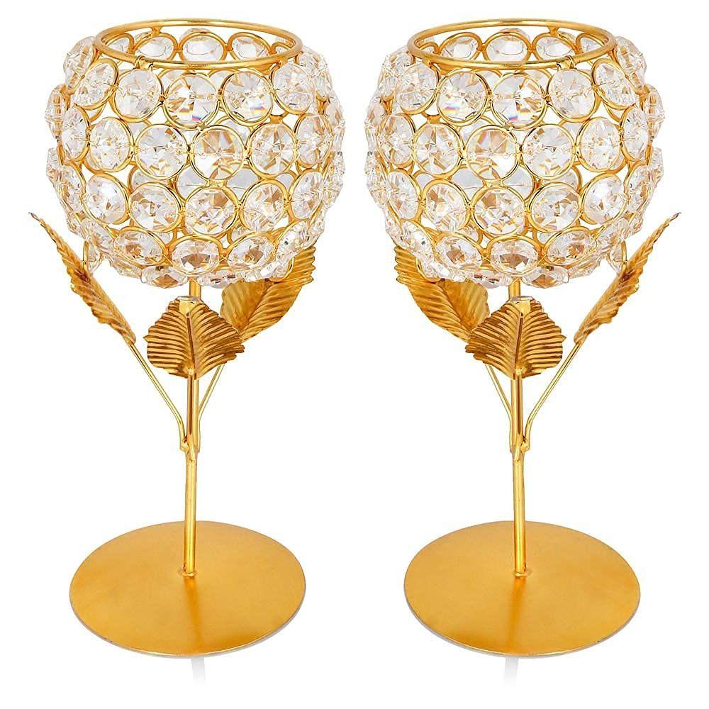 Beautiful Crystals Rose Gold Polish Candle Holder for Decoration Set of Two 9 Inches , Metal