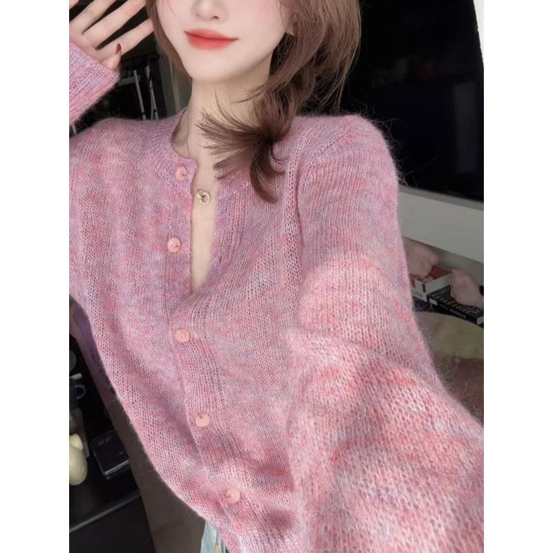 Sweet temperament round neck single-breasted knitted cardigan spring long-sleeved chic unique pink purple sweater jacket