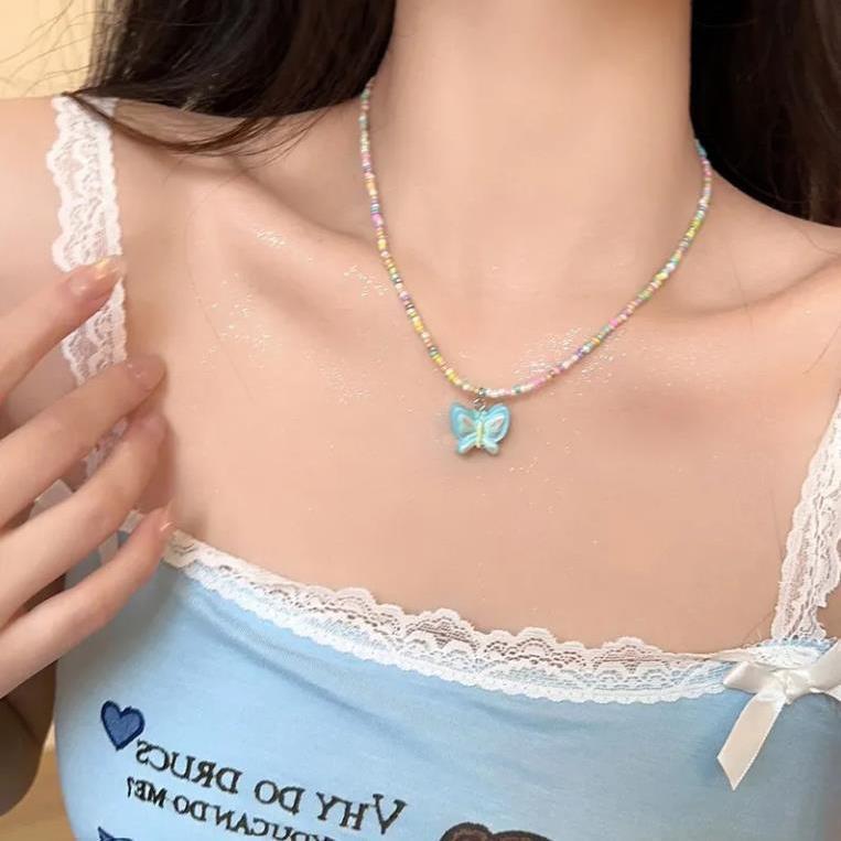 Cute Girl Beaded Butterfly Pendant Necklace Female Summer Sweet Small Fresh Dopamine Colored Rice Bead Clavicle Chain