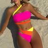 Color Blocked Bikini One Shoulder Bandage Hollow Out Swimsuit Bandeau Swimwears Women 2 Piece Beach Vacation Outfit Bathing Suit