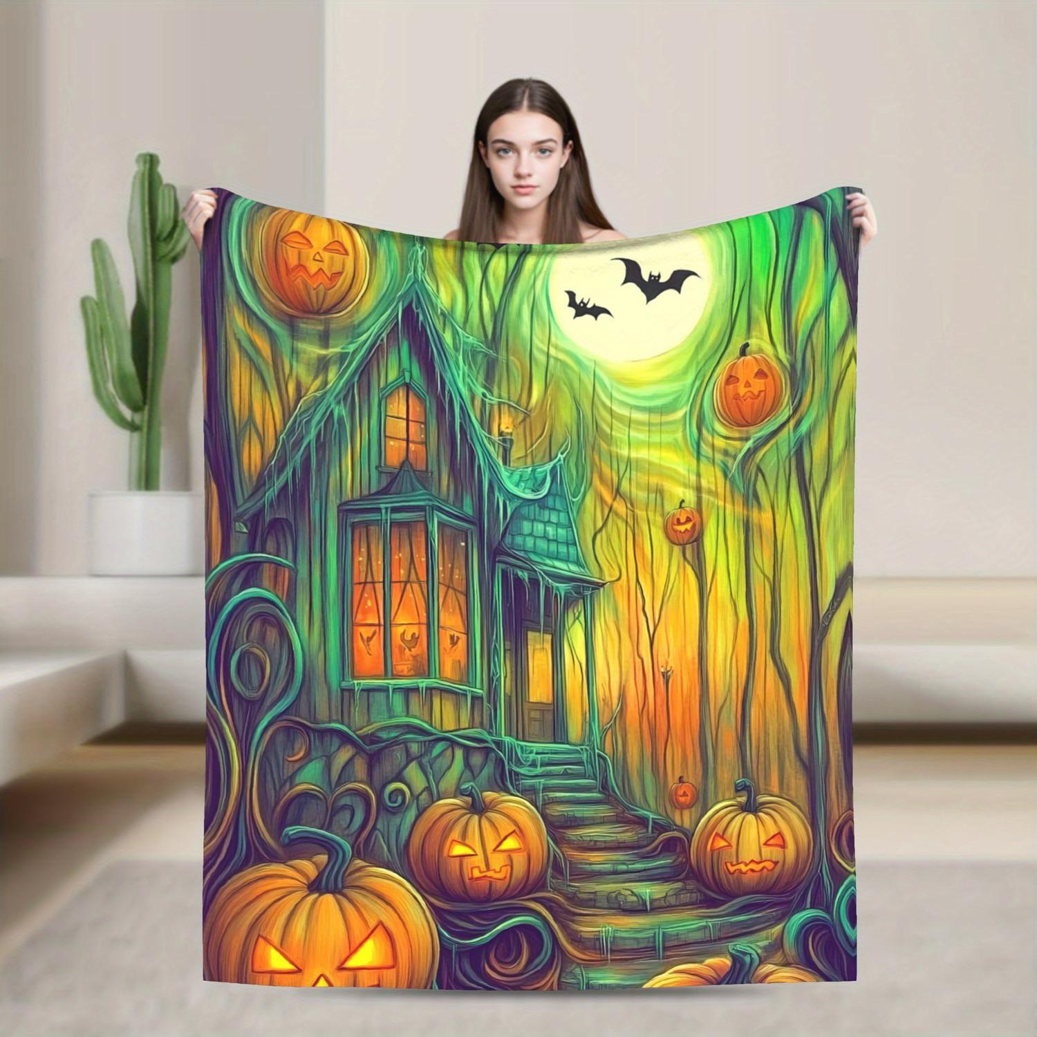 Halloween Pumpkin Paint Blanket - Soft Warm Teal Flannel Holiday Throw 70x100cm