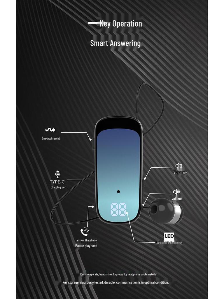 Clip-on Bluetooth Earbuds for Calls & Music, 20-Hour Battery, Incoming Call Number Broadcast