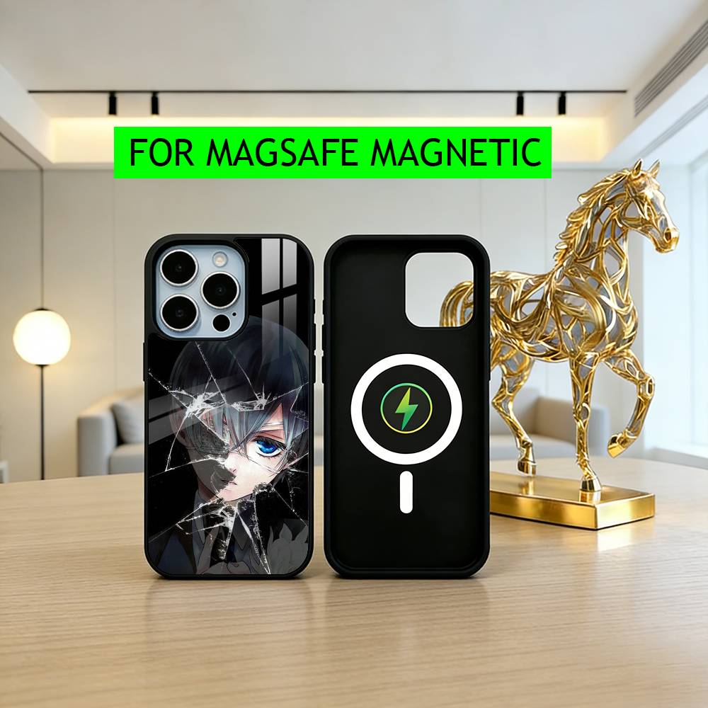 Black C-Ciel P-Phantomhive Butler Phone Case For iPhone17,16,15,14,13,12,11 Plus,Pro Magnetic with Magsafe Wireless Charging