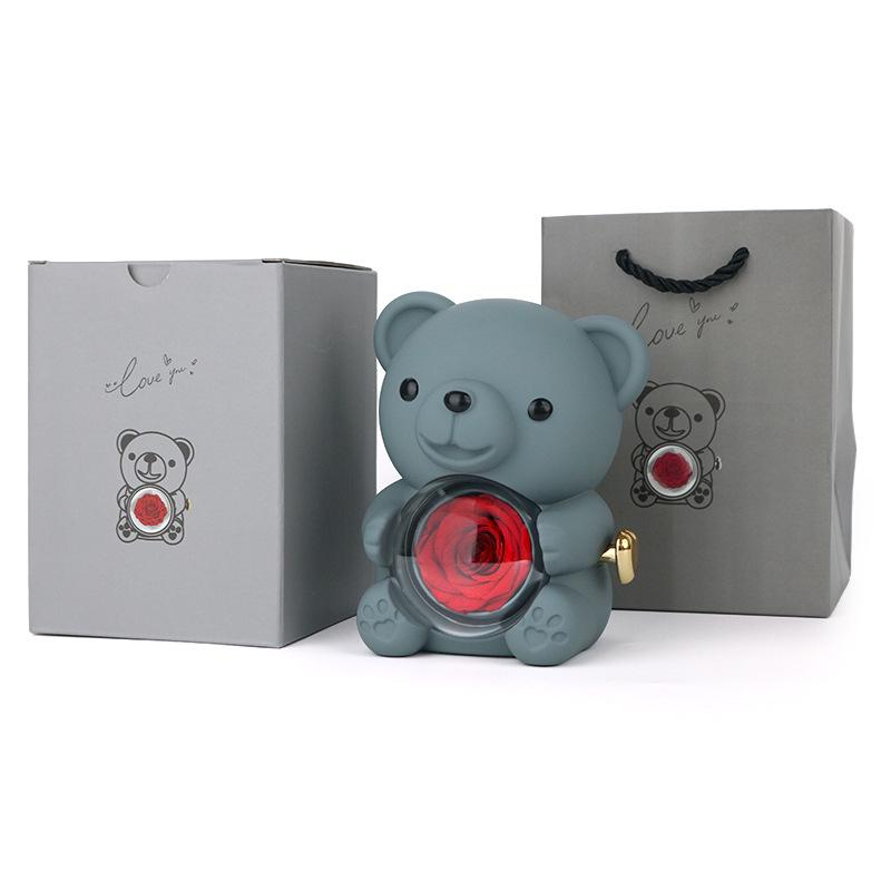 Rotating Acrylic Jewelry Box with Teddy Bear & Eternal Rose for Valentine's Day
