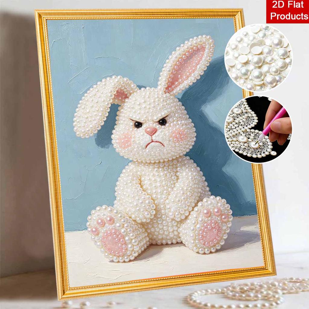 Grumpy Bunny Pattern Framed Pearl Painting Kit DIY 3D Sparkling Bead Canvas Art Relaxing Handmade Craft Gift for Women for Home Decoration
