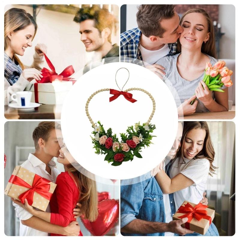 Romance Valentine's Day Heart Shape Wreath with Wood Beads Frame Red Ribbon and Simulated Flower for Festival Home Decors Measuring 36cm Wide 37cm