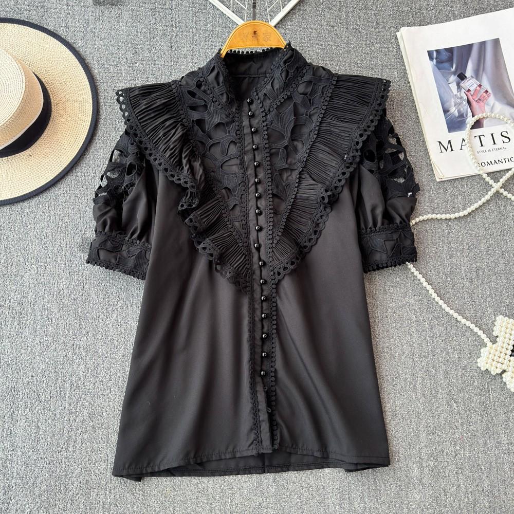 Women's Stand-up Collar Spring Embroidery Shirt Hollow Ruffled Lace Shirt Short-sleeved Solid Colour Ageing Splicing Shirt