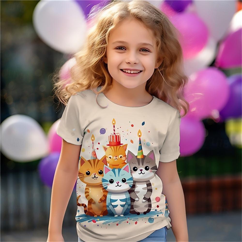 Children's Cute Animal 3D Digital Printed Girl Fashion Casual Round Neck Short Sleeved T-shirt