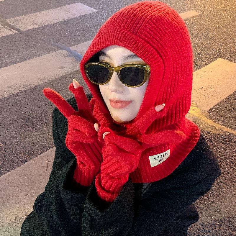 Women's scarf integrated knitted warm hat autumn and winter cold gloves outdoor one-piece children's wool cape hat