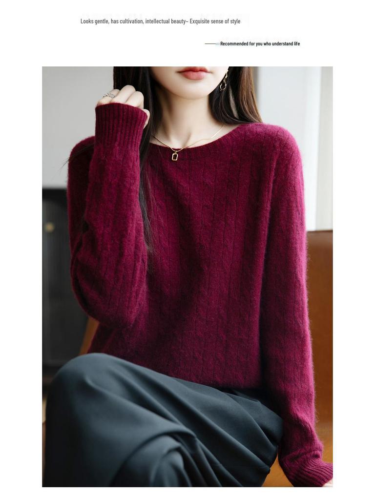 Damen Lässiger Locker Gestrickter Pullover mit Rundhalsausschnitt und Langen Ärmeln