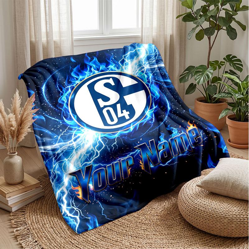 Schalke 04 FC Custom Name Text Flannel Blanket Soccer Logo Personalized Fleece Throw Blanket Special Gift For Sofa Bedroom Home