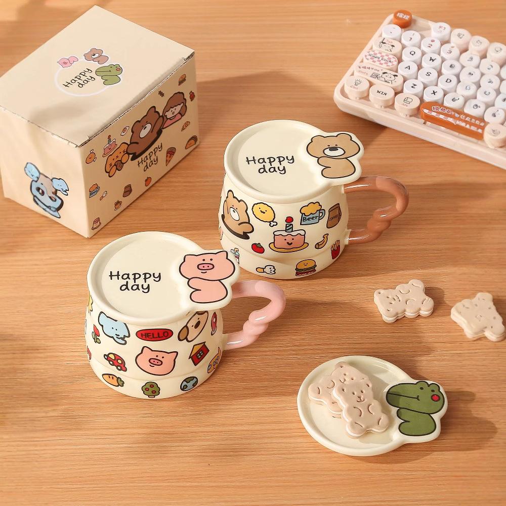 Cartoon Ceramic Cup with Lid Cute Personality Creative Mug Large Capacity High value Girl Couple Water Cup Gift