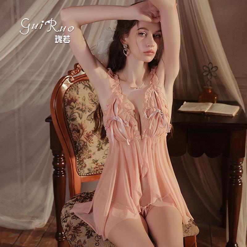 Women's Sheer Mesh Deep V Slit Sleep Dress Costume Set