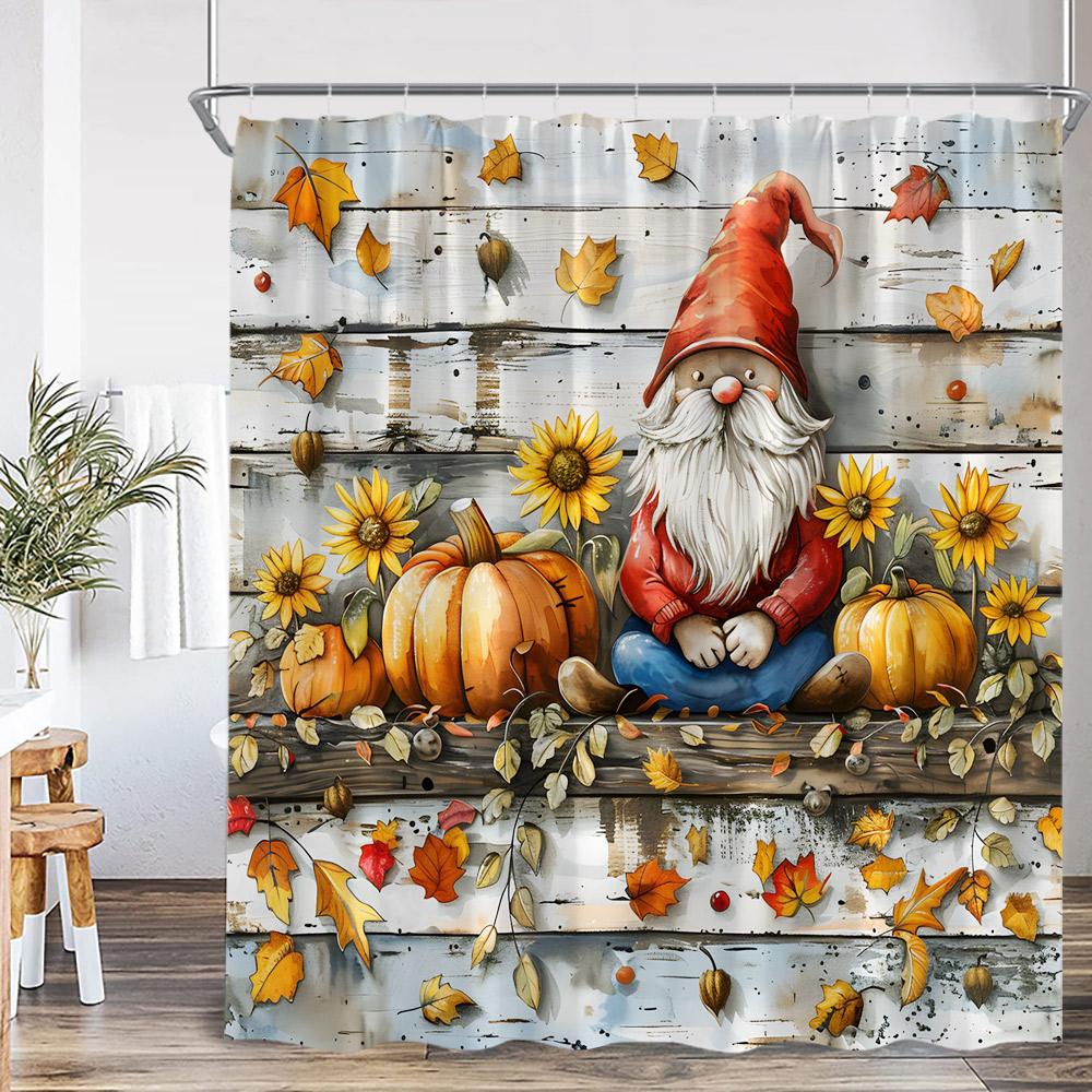 Fall Elf Shower Curtain Autumn Wooden Barn Door Pumpkin Sunflower Maple Bathroom Decor Nature Kid Child Bath Curtain with Hook