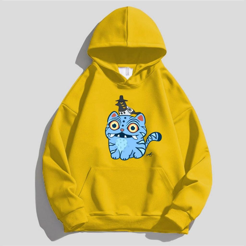 Children's Kpop Style Hooded Sweatshirt with Cute Tiger and Crow Cartoon Girl Hoodies on Top
