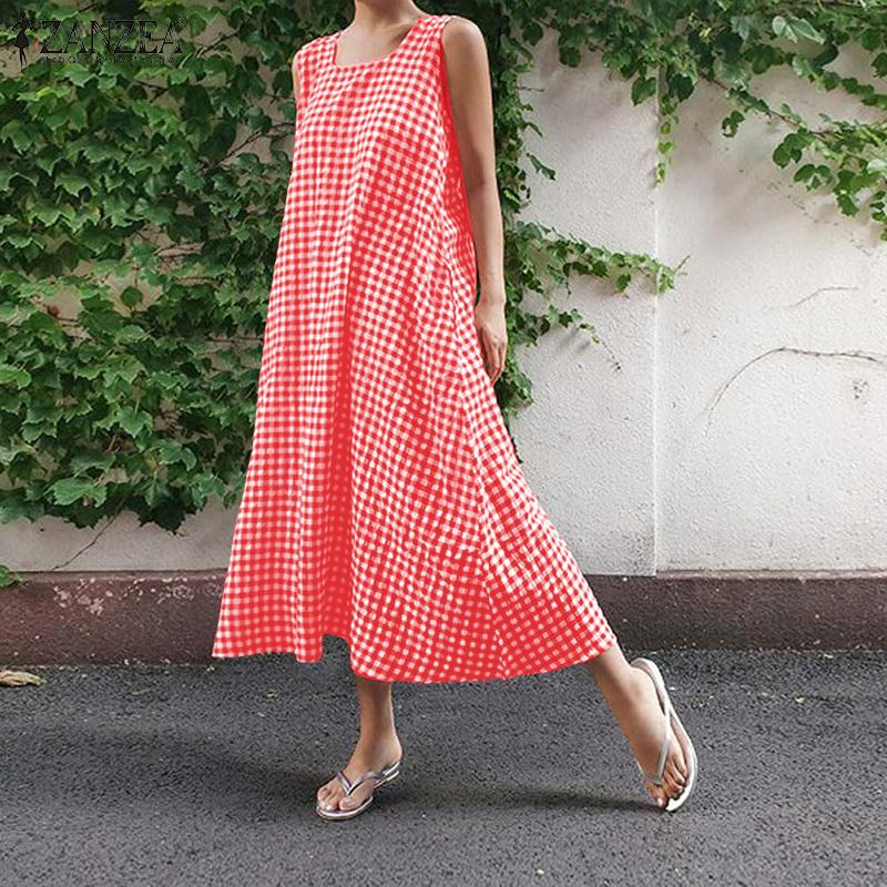 ZANZEA Women Square Collar Summer Loose Casual Sleeveless Plaid Print Dress