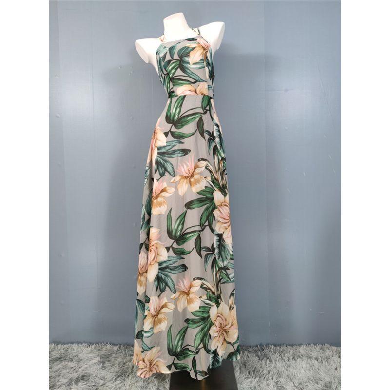 Export Single Lu Home Fashion Beach Style Tropical Rainforest Print Long Summer Elegant Open Back Tied Dress Female