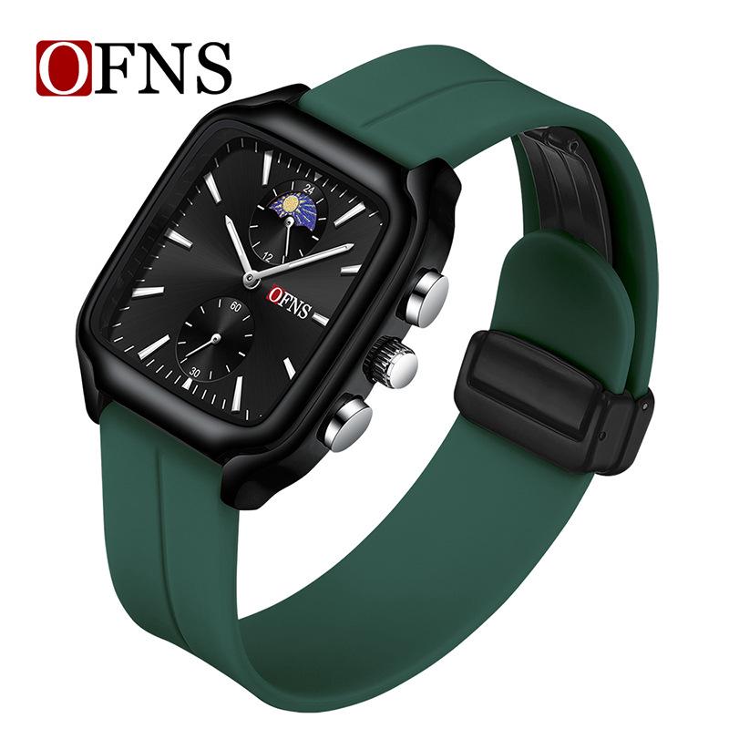OFNS Square Silicone Sports Watch - Trendy Korean Style Multifunctional Quartz Wristwatch for Students темно-зеленого