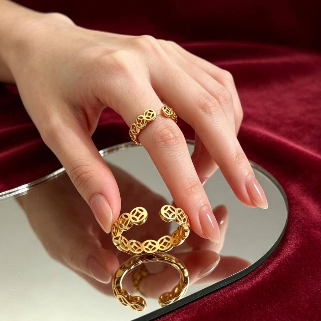 999 Sterling Silver & 24K Gold Copper Coin Ring: Trendy Open Band for Wealth
