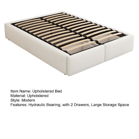 Double Bed 140x200cm Upholstered Bed Platform Without Headboard with Hydraulic Storage And 2 Drawers White