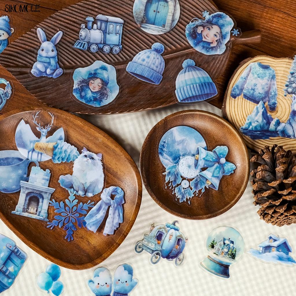 56pcs Transparent Cartoon Blue Winter Stickers Pack Waterproof PET Bookkeeping Material Decorative Car Notebook Graffiti Sticker