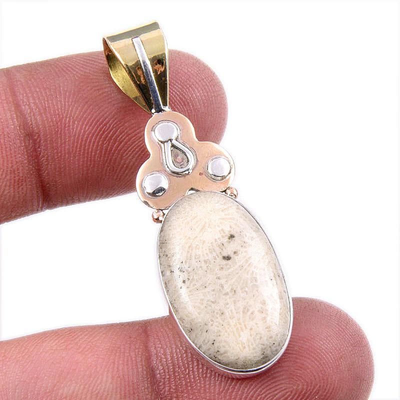 

Natural Fossil Coral 925 Solid Sterling Silver TwoTone Gift Pendant 1.75 Q0M75
