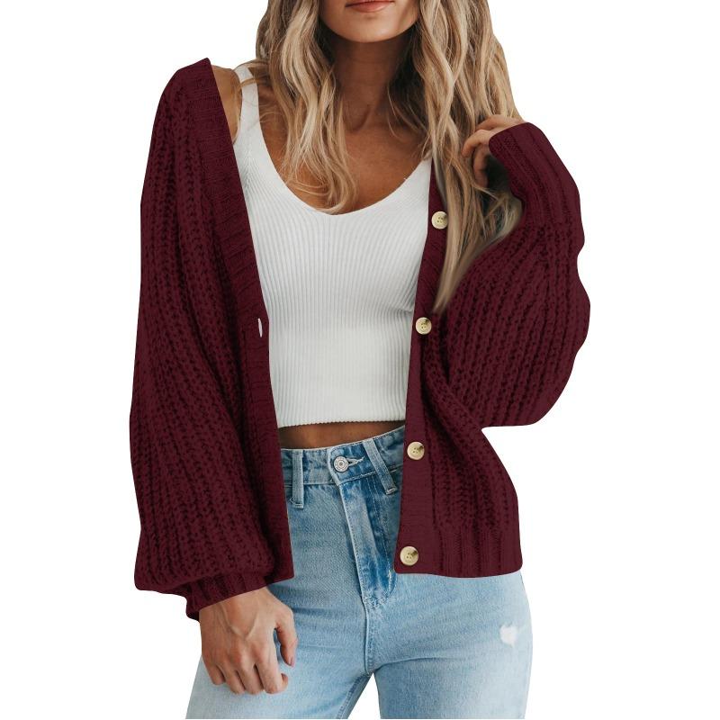 Autumn Winter Solid Color Simple Fashion Buttons Knitting Top Women Loose CasualCardigan Outwear Sweater