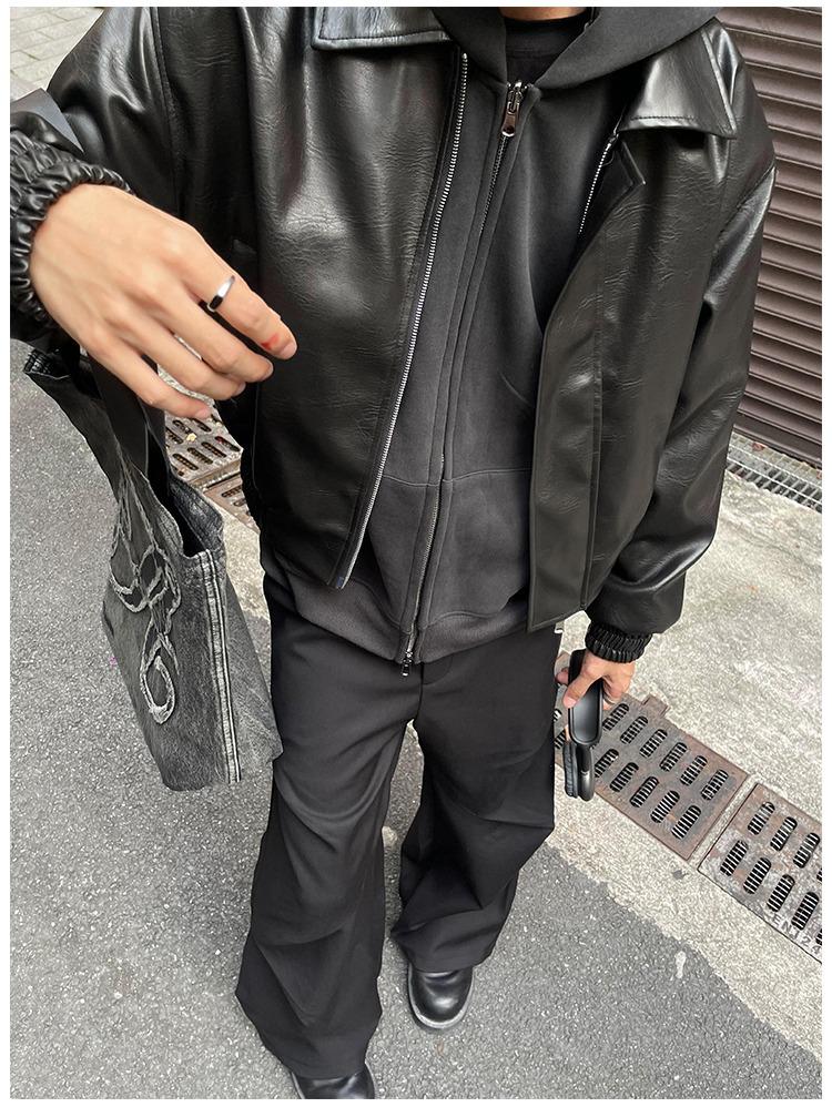 Men's Trendy Korean-Style Black PU Leather Padded Jacket with Zipper