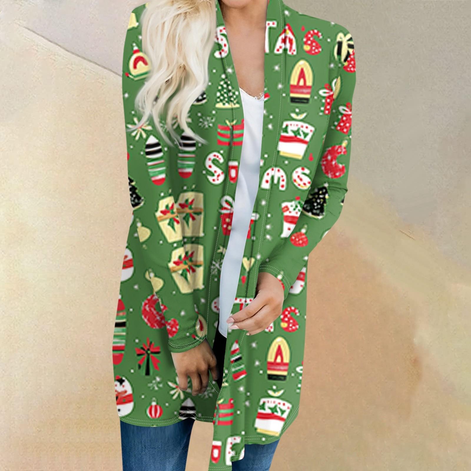 

Женская мода повседневная куртка-кардиган средней длины с принтом рождественской елки XXL зелёный