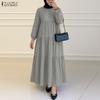 ZANZEA Women Casual Round Neck Solid Color Long Sleeve Long Dress