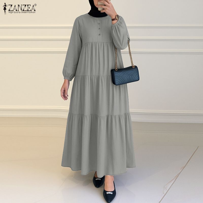 ZANZEA Women Casual Round Neck Solid Color Long Sleeve Long Dress